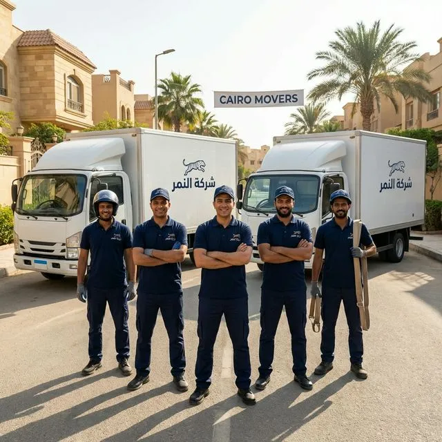 فريق عمل وعمال شركة النمر لنقل العفش بالمنوفية يقفون امام سيارات النقل المغلقة الجاهزة للعمل